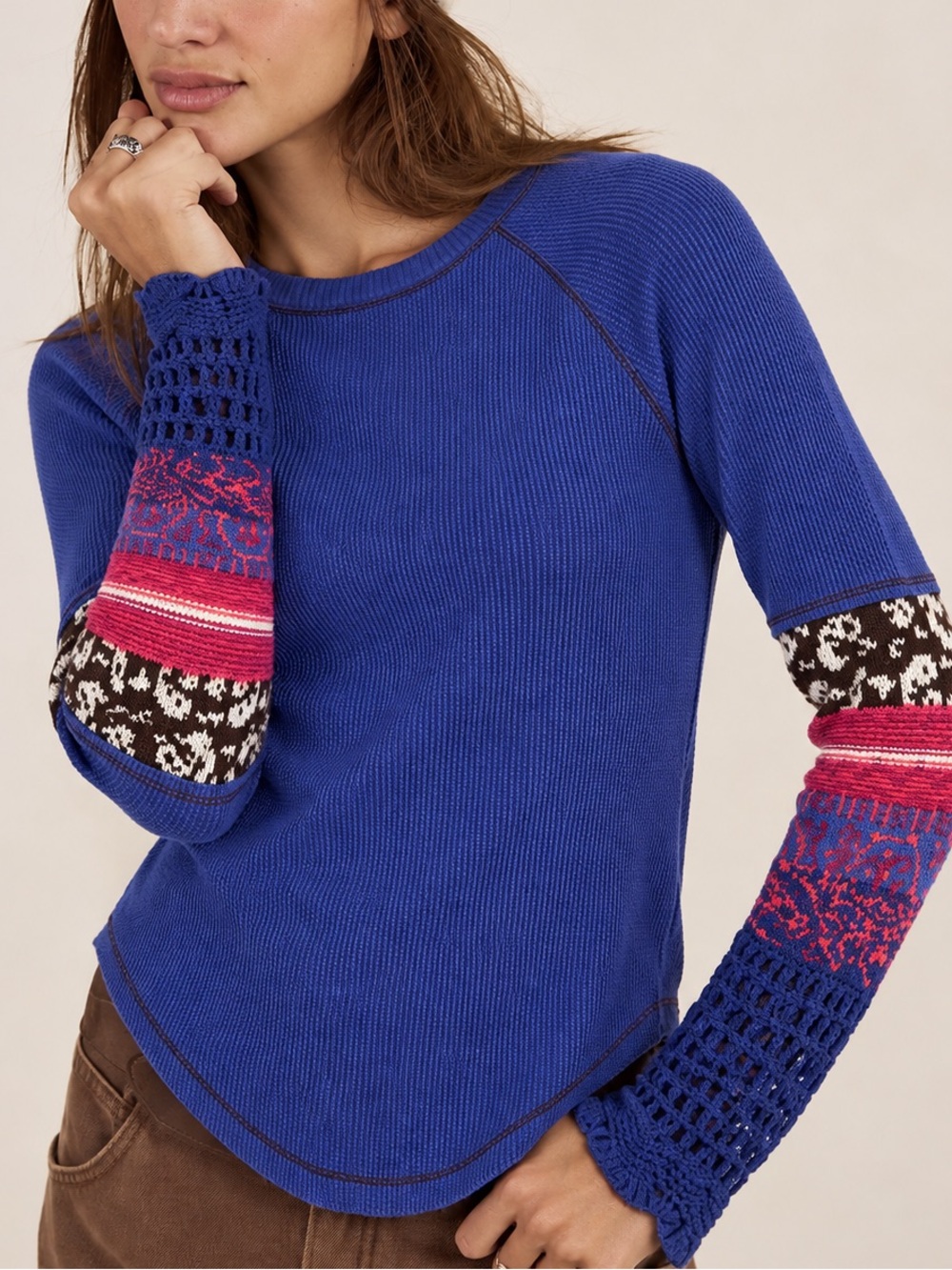 Free People Cobalt Blue Waffle Thermal In The Mix Cuff Crochet Sleeves Small
